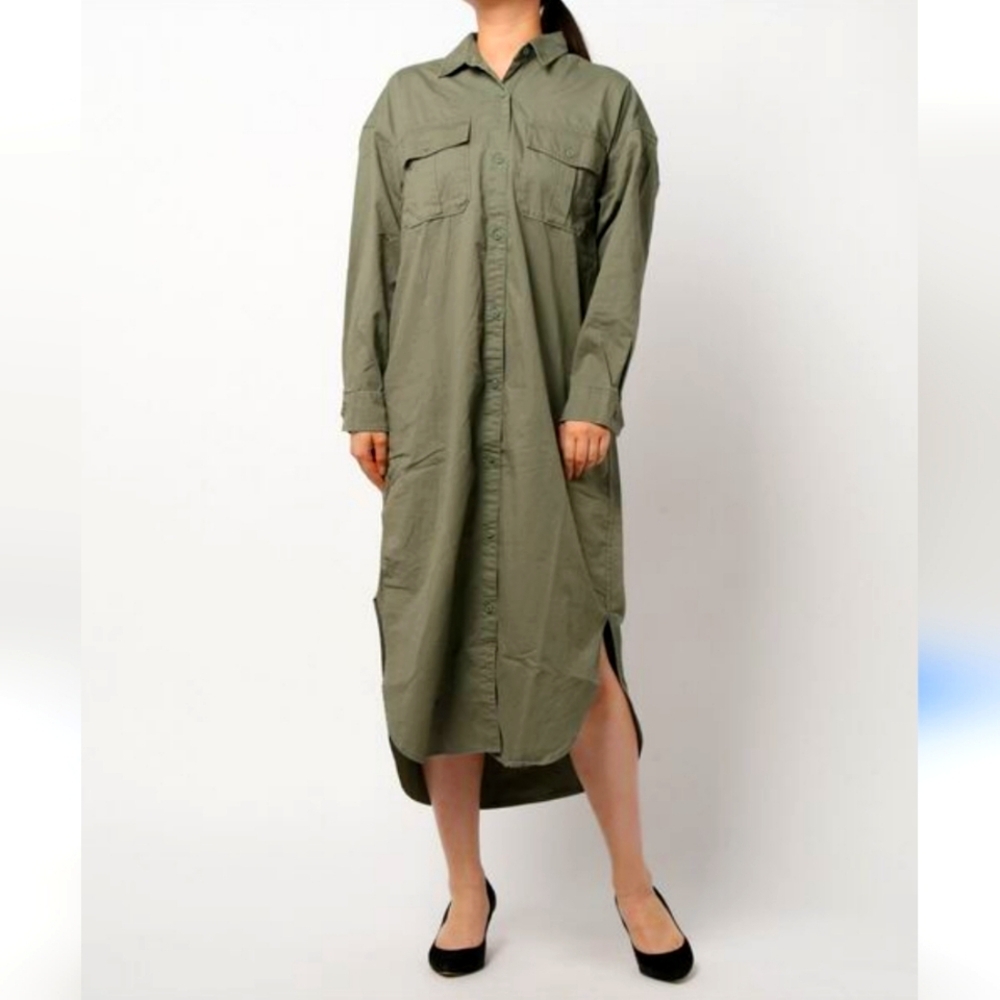 NWT Lattelier Long Sleeve Button Front Maxi Shirt Dress in Army Green